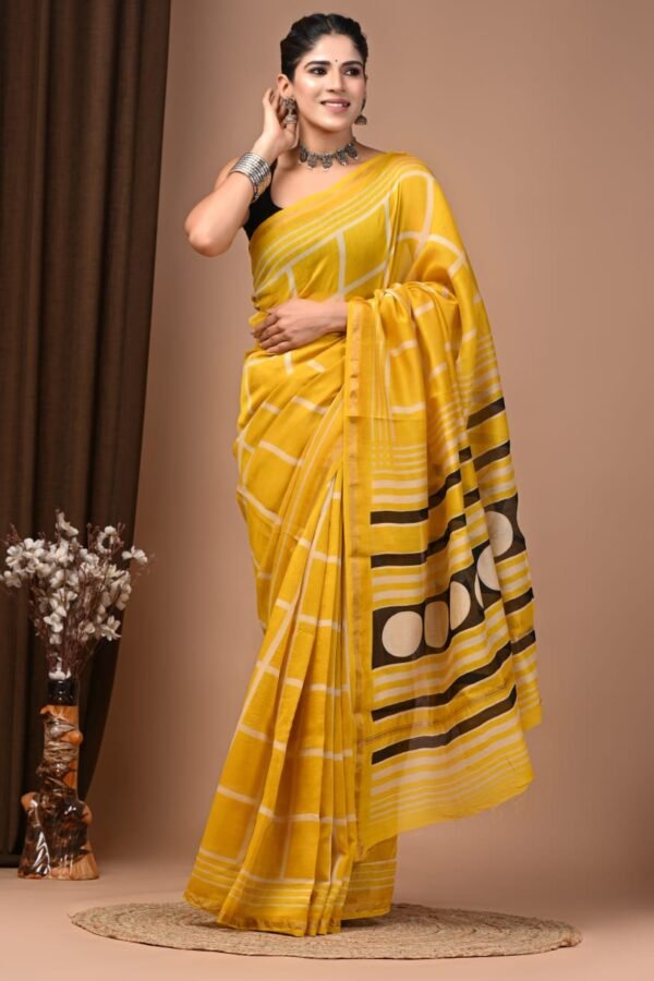 Yellow Chanderi silk saree with checked print body and circle motif striped pallu