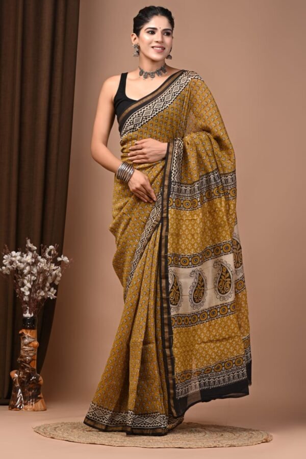 Mustard yellow Chanderi silk saree with Bagru hand block floral print and paisley pallu