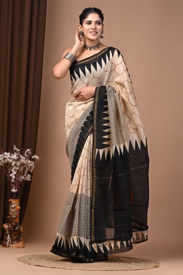 Cream Chanderi silk saree with rust trellis print and black zigzag triangle border
