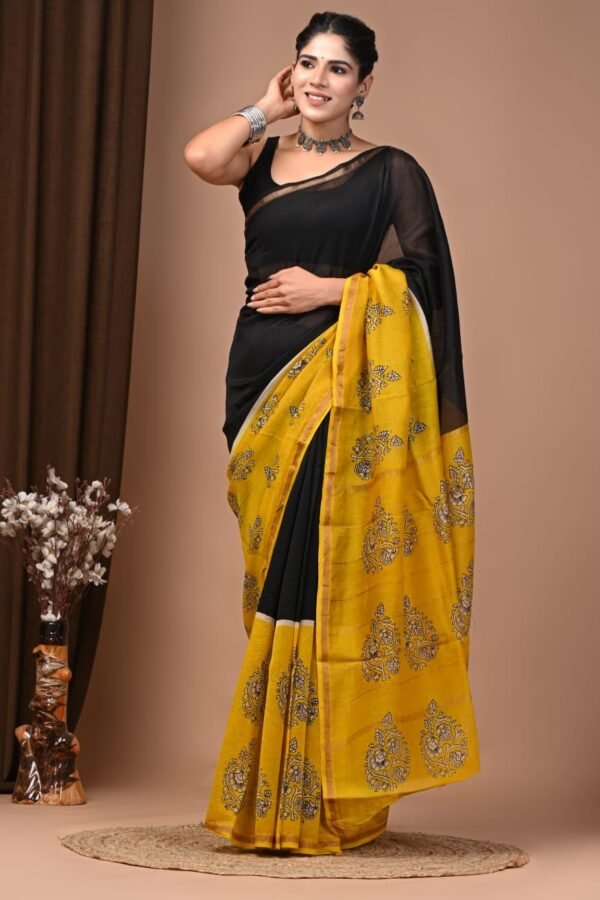 Black Chanderi silk saree with mustard yellow floral hand block printed border and pallu
