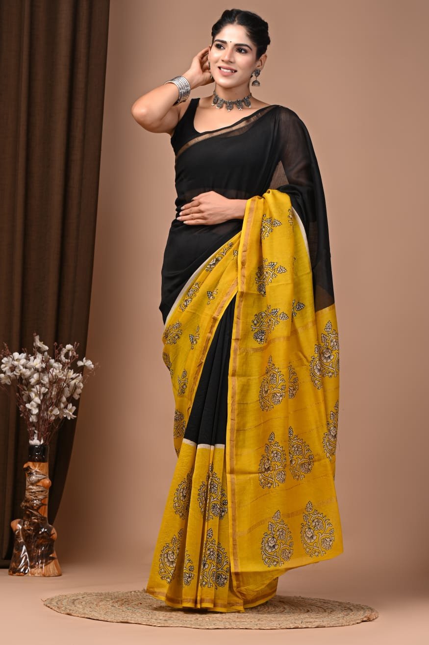 Black Chanderi silk saree with mustard yellow floral hand block printed border and pallu