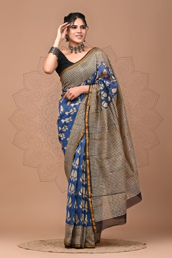 Royal blue Chanderi silk saree with Bagru block printed paisley motifs and checkered border
