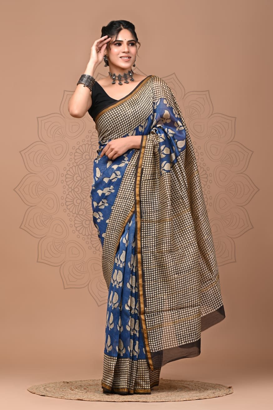 Royal blue Chanderi silk saree with Bagru block printed paisley motifs and checkered border