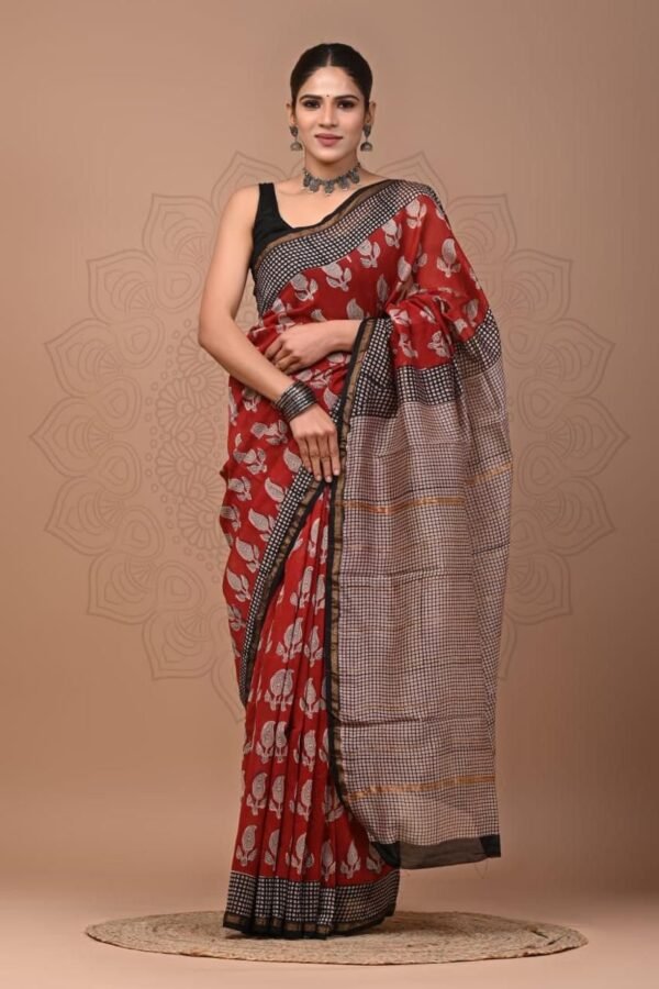 Rust red Chanderi silk saree with Bagru block printed paisley motifs and checkered border