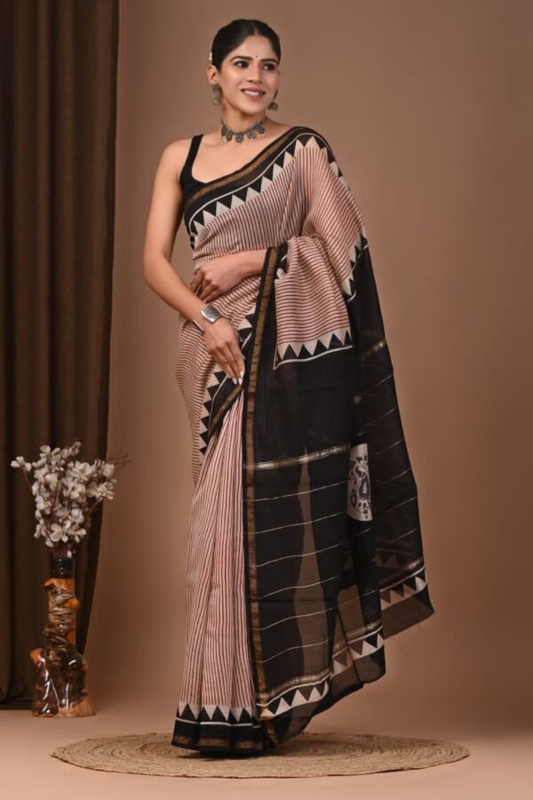 Beige Chanderi silk saree with black zigzag border and pinstripe hand block print