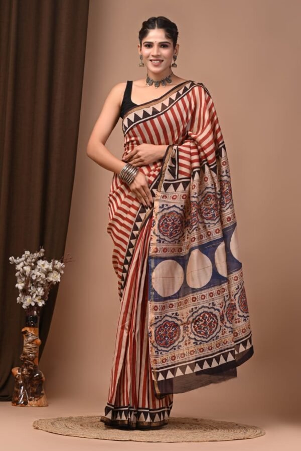 Woman wearing rust and cream striped Chanderi silk saree with navy floral block print pallu