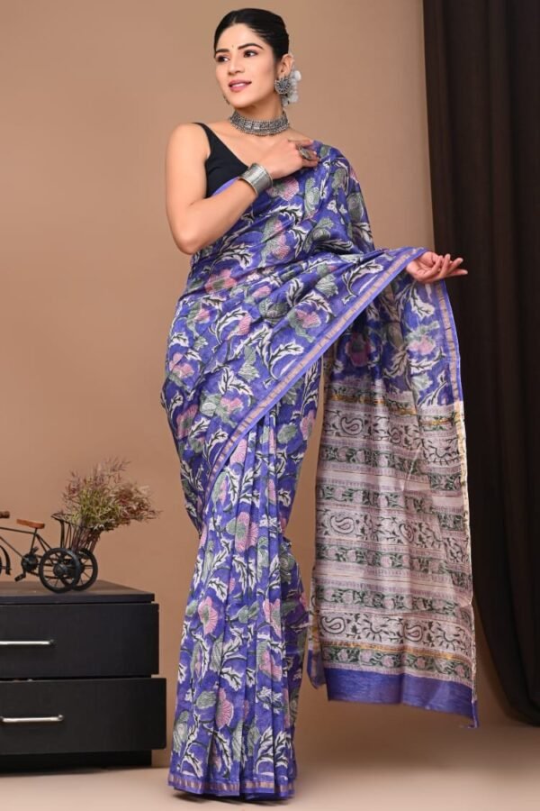 Blue Chanderi silk saree with Bagru hand block printed floral motifs and paisley pallu