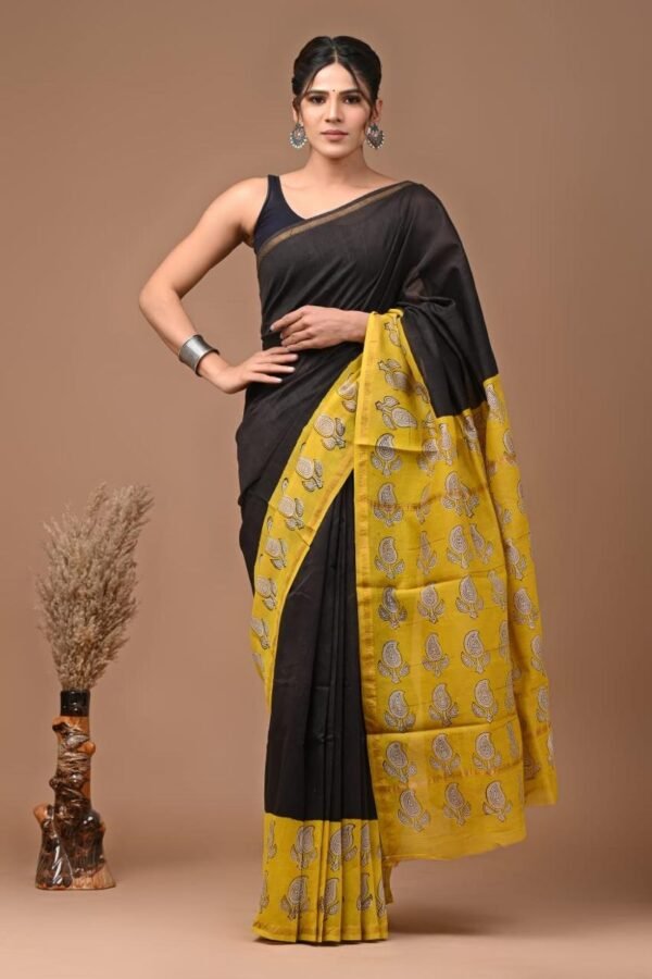 Black Chanderi silk saree with mustard yellow Bagru block printed paisley pallu