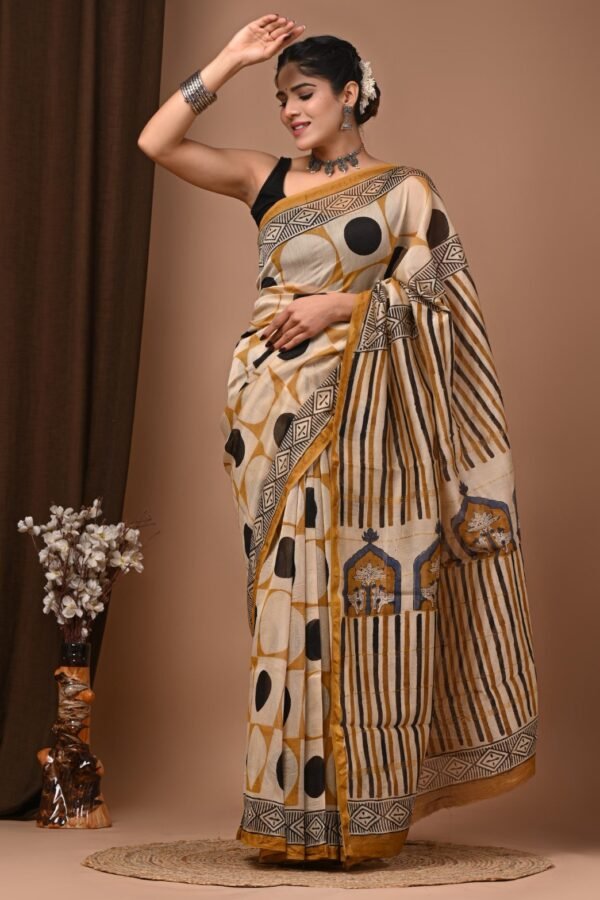 Woman wearing cream and mustard geometric circle print Chanderi silk saree with striped pallu