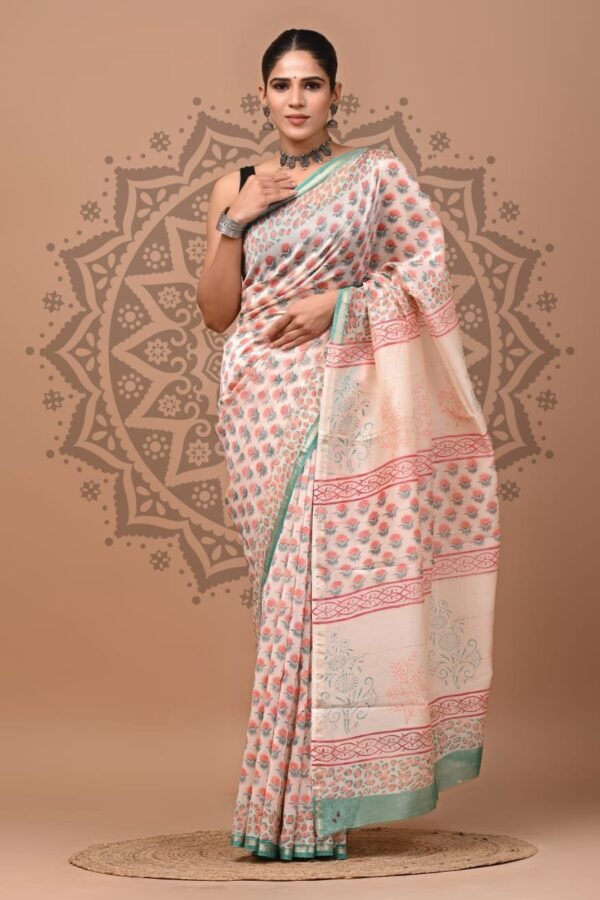 Off-white Chanderi silk saree with Bagru hand block printed coral floral booti and lattice border