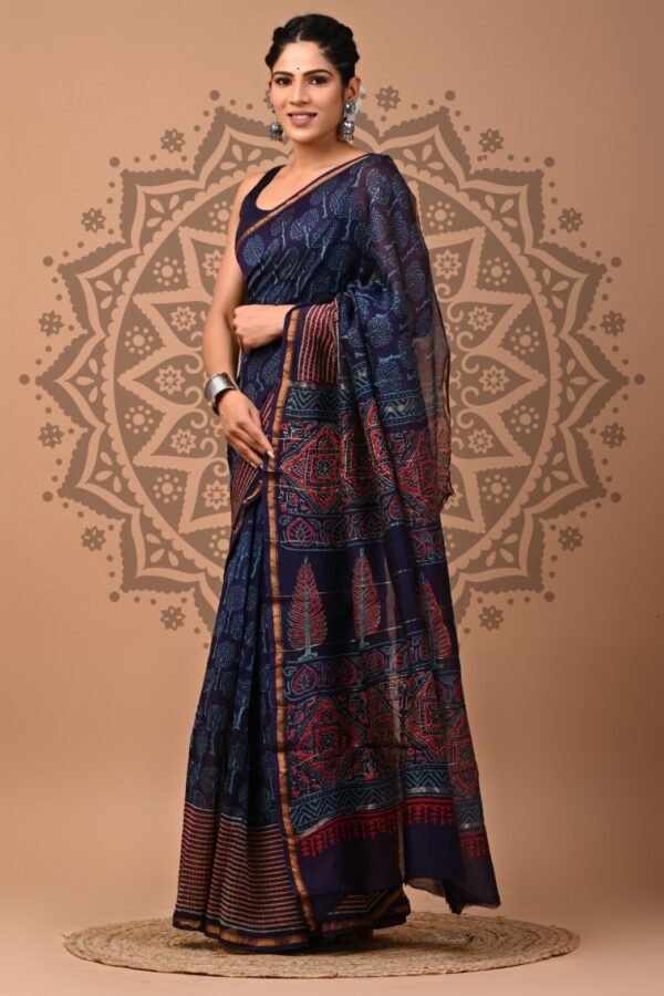 Woman wearing navy blue Chanderi silk saree with Bagru hand block printed tree and diamond motifs
