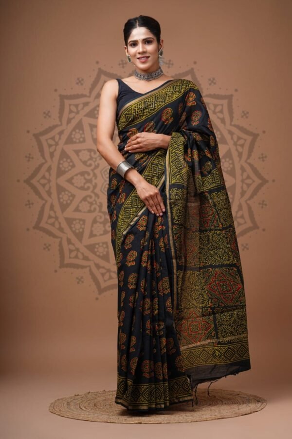 Black Chanderi silk saree with red floral booti print and mustard diamond border, Bagru hand block print