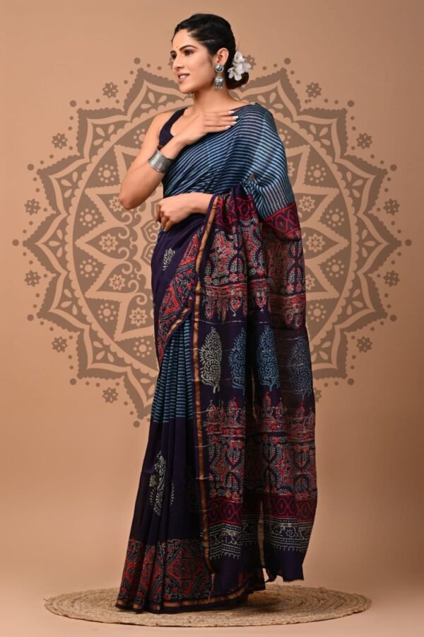 Woman in blue ombre stripe Chanderi silk saree with navy geometric floral block print border