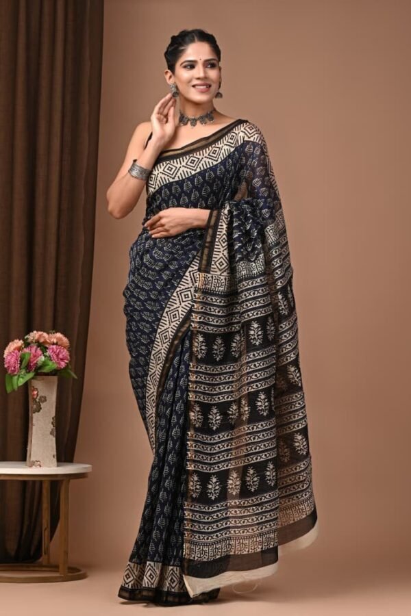 Woman wearing navy-black Chanderi silk saree with off-white leaf print and geometric border