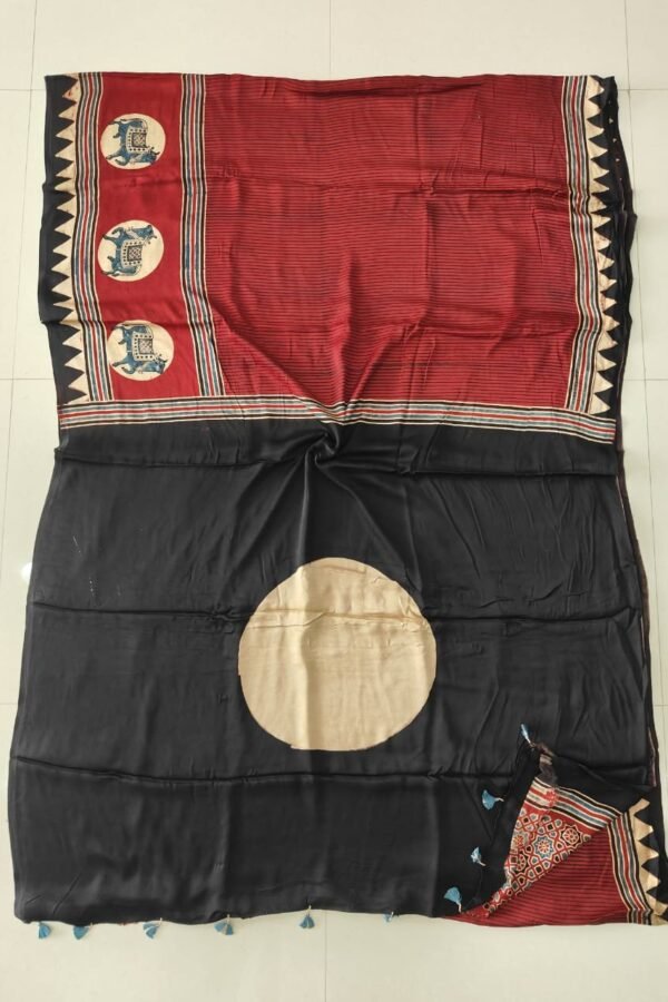 Black Ajrakh print modal silk saree with cream circle motifs and rust-red elephant motif border