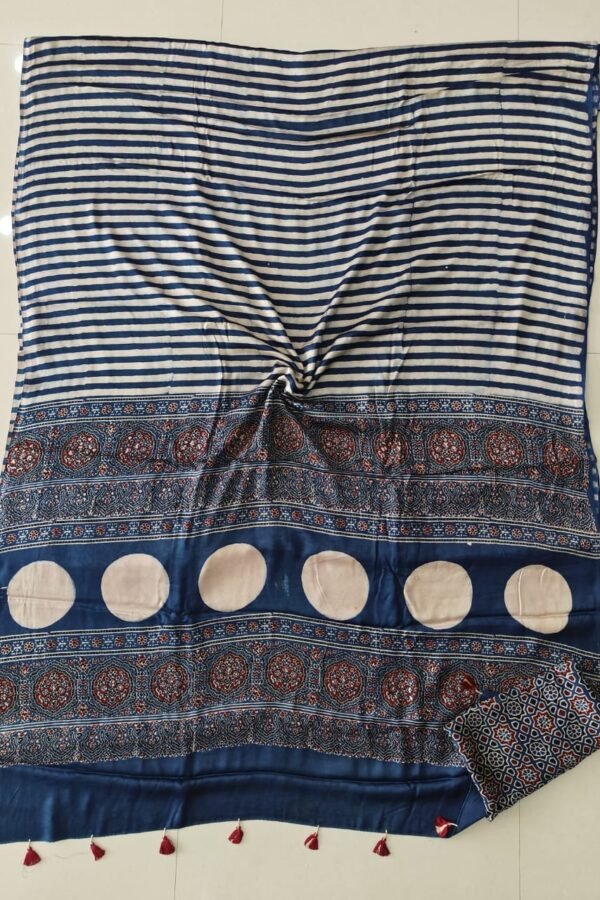 Indigo and white striped Ajrakh print modal silk saree with floral medallion border