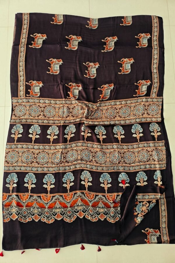 Aubergine Ajrakh print Modal silk saree with elephant motifs and scalloped floral border