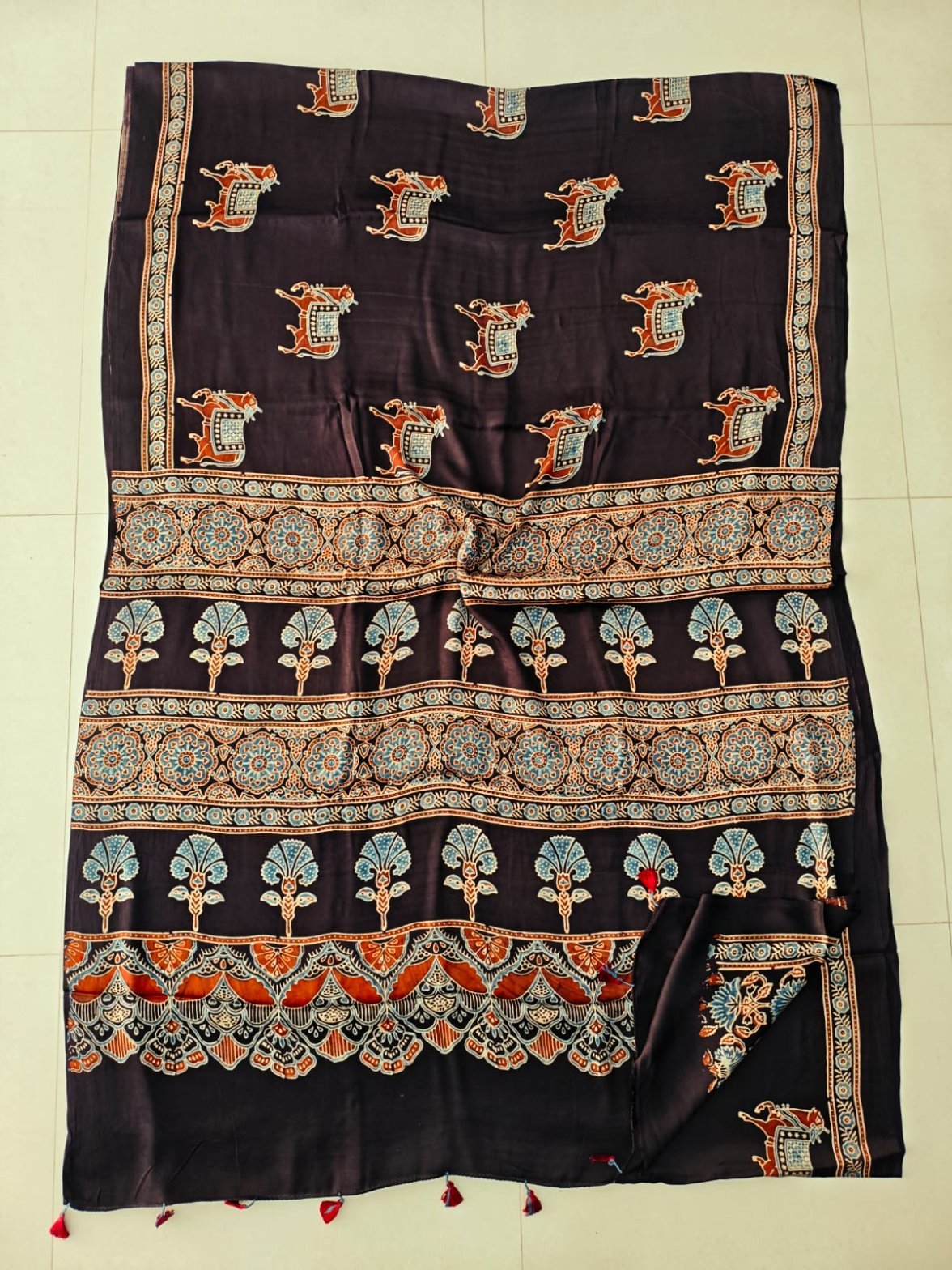 Aubergine Ajrakh print Modal silk saree with elephant motifs and scalloped floral border