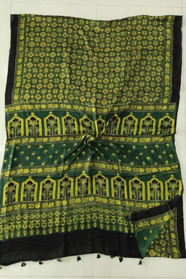 Green and gold Ajrakh print Modal silk saree with medallion body and temple motif border