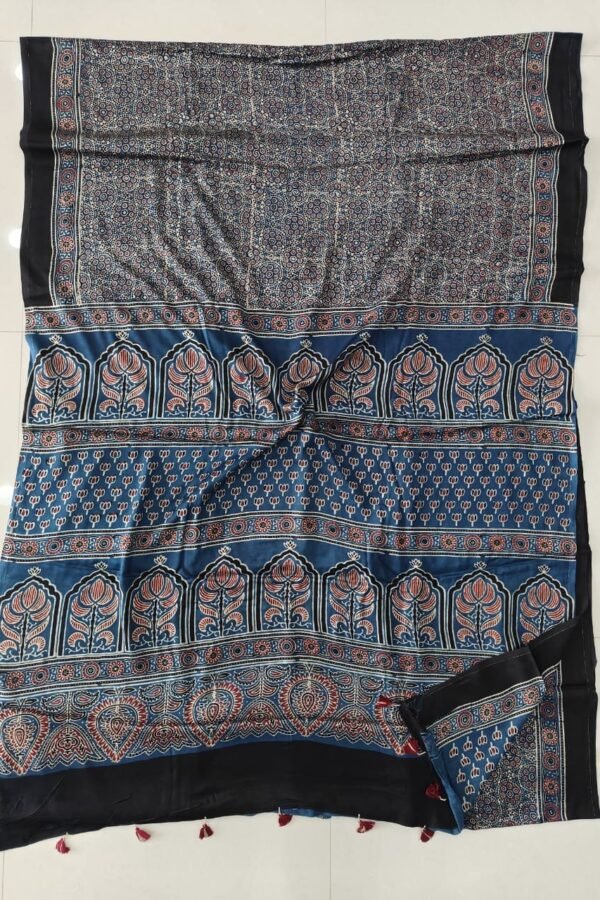 Grey-blue Ajrakh print Modal Silk saree with temple motif pallu and black border