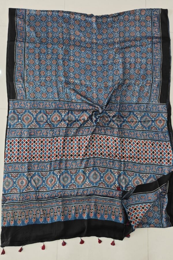Steel-blue Ajrakh print modal silk saree with medallion grid and lotus border