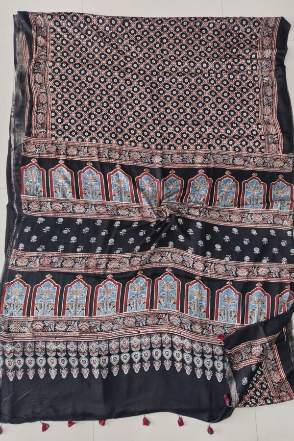 Black Ajrakh print modal silk saree with temple arch motif pallu and paisley border