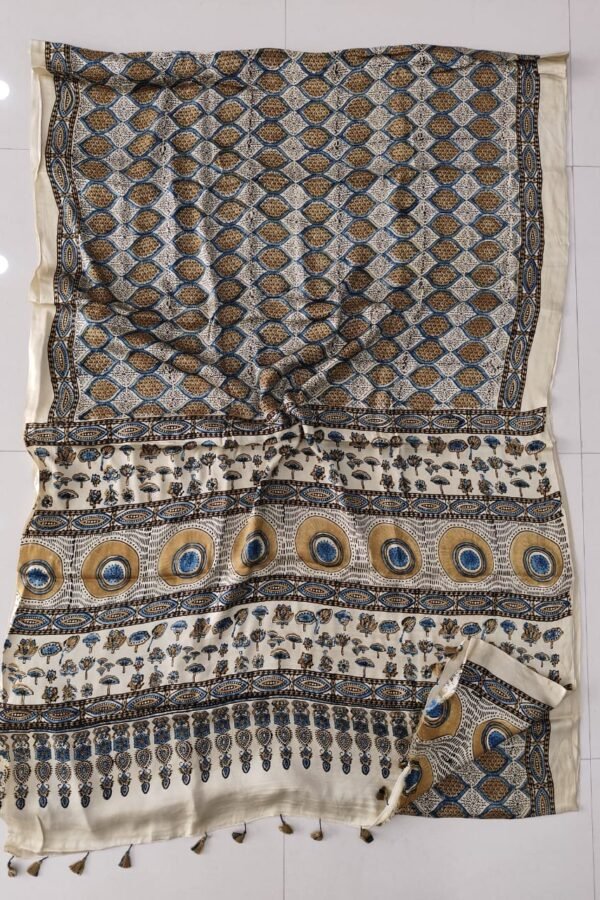 Cream Ajrakh print modal silk saree with oval lattice body and sunburst medallion pallu