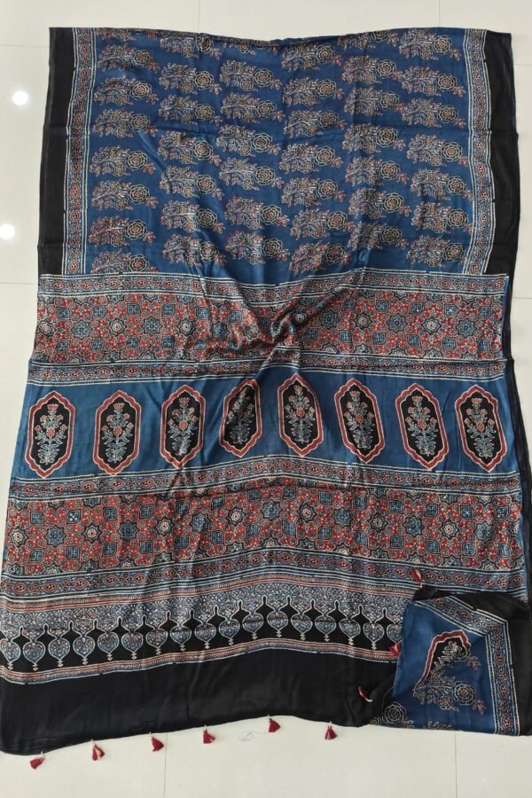 Steel-blue Ajrakh print Modal Silk saree with floral booti body and arched medallion pallu