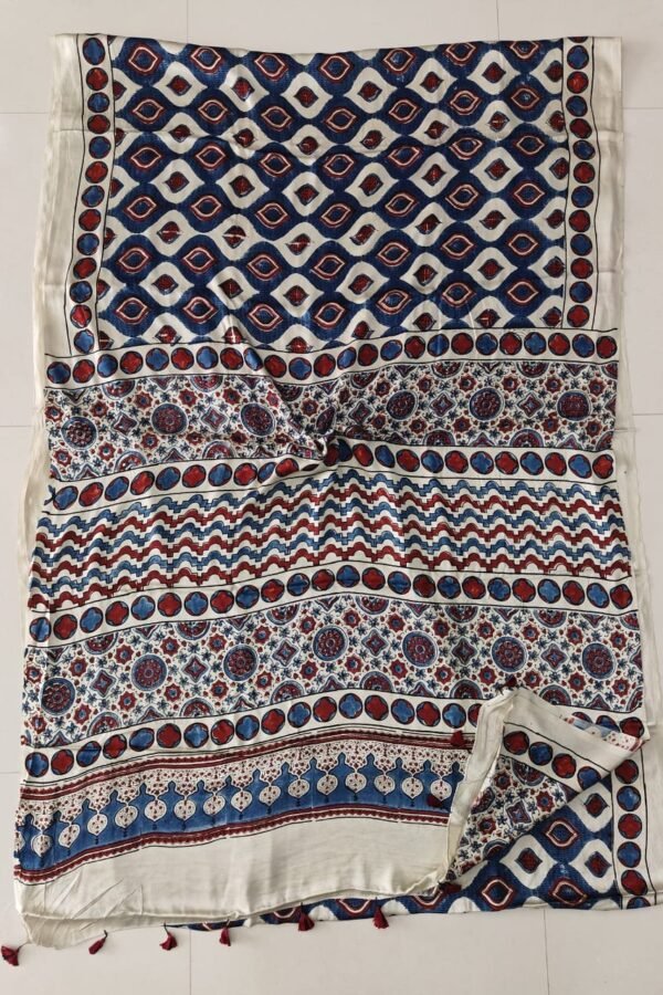 Navy and cream Ajrakh print modal silk saree with diamond lattice body and floral medallion pallu