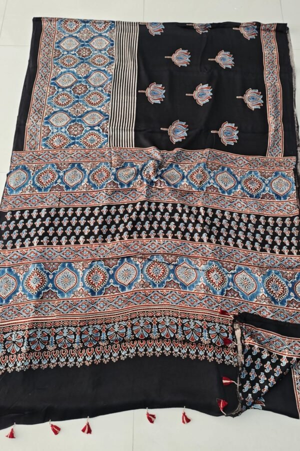 Black Ajrakh print pure modal silk saree with blue-red geometric border and floral booti