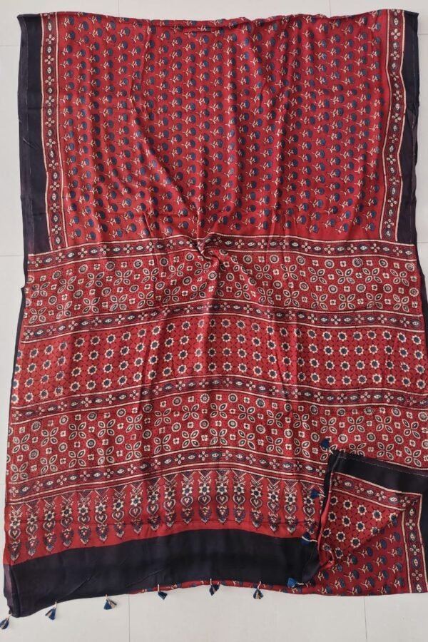Rust red Ajrakh print pure Modal Silk saree with navy border and floral pallu