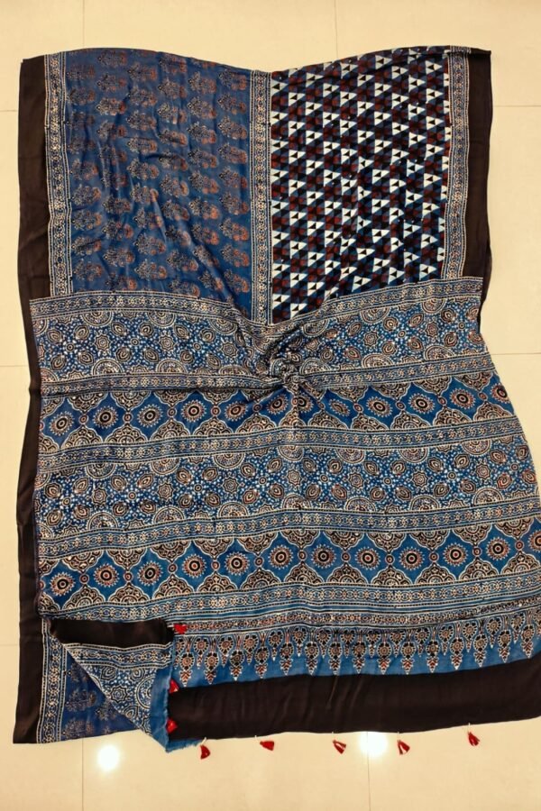 Indigo blue Ajrakh print pure Modal silk saree with geometric pallu and black border