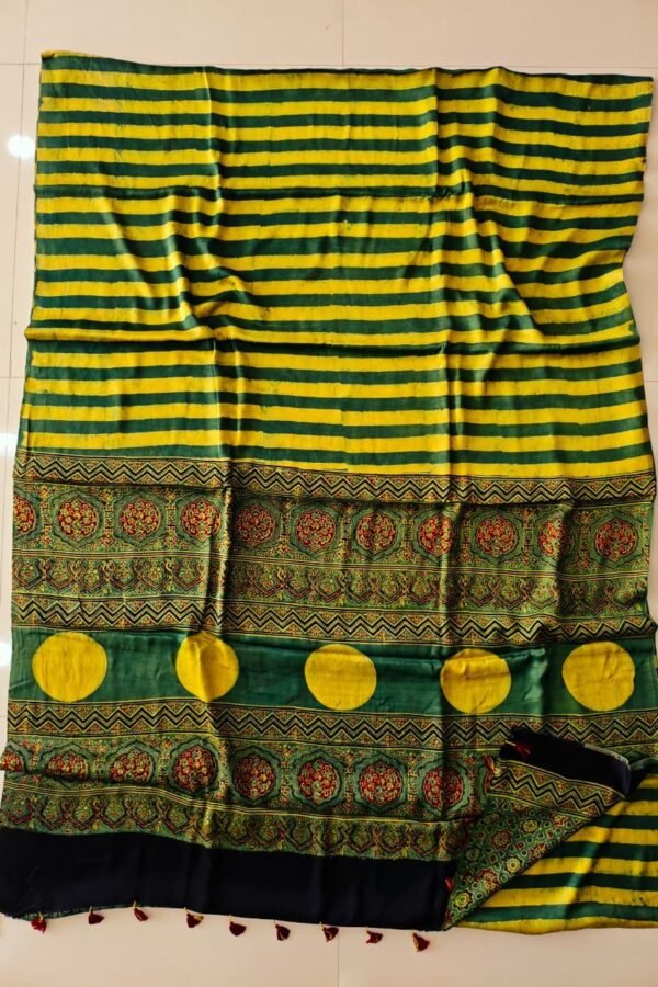 Yellow and green striped Ajrakh print silk saree with floral pallu and navy border