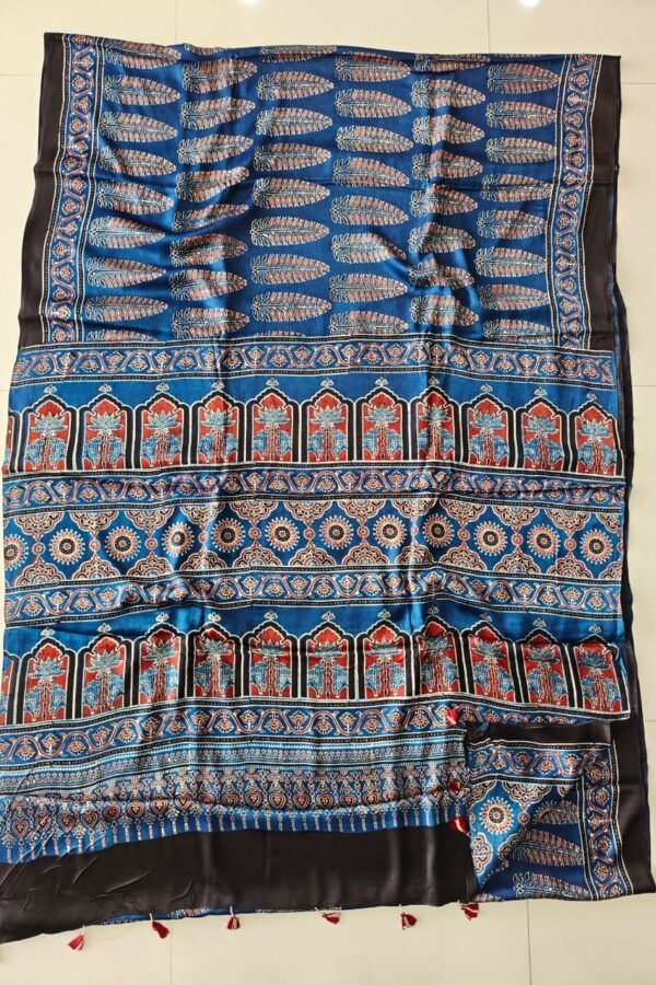 Blue Ajrakh print Modal silk saree with temple medallion pallu and black tasseled border