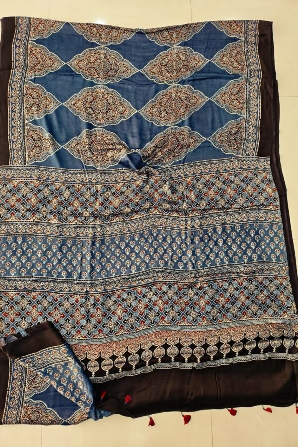 Steel blue Ajrakh print Modal silk saree with ogee lattice medallions and black border