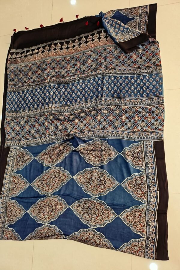 Steel blue Ajrakh print pure Modal silk saree with ogee medallion pallu and black border