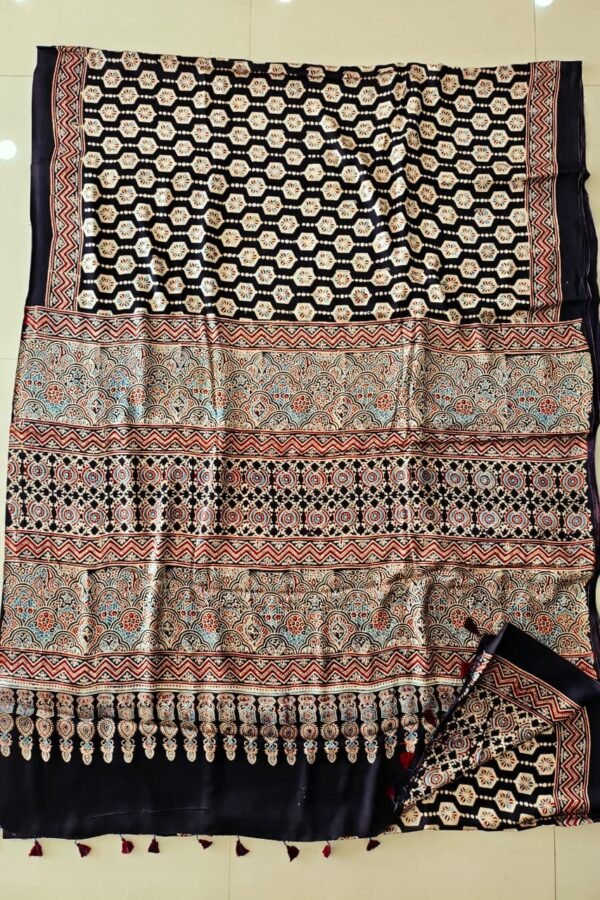 Black Ajrakh print pure Modal silk saree with honeycomb booti and scalloped pallu border