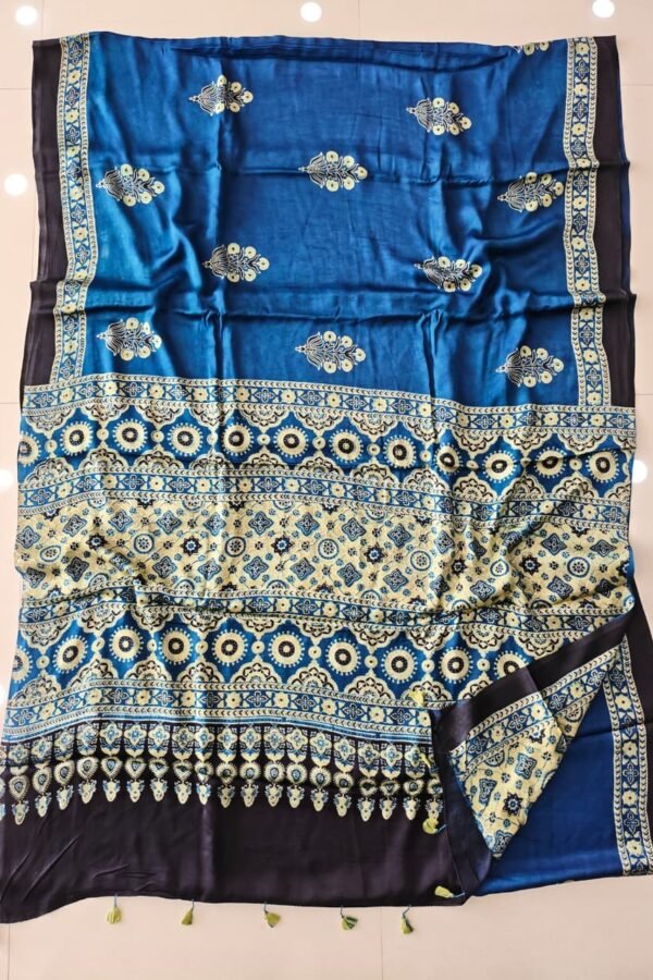 Peacock blue Ajrakh print pure Modal silk saree with cream medallion pallu and navy border