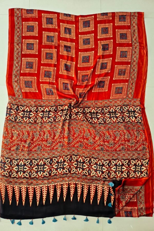Red Ajrakh print pure Modal silk saree with square lattice body and black leaf border pallu