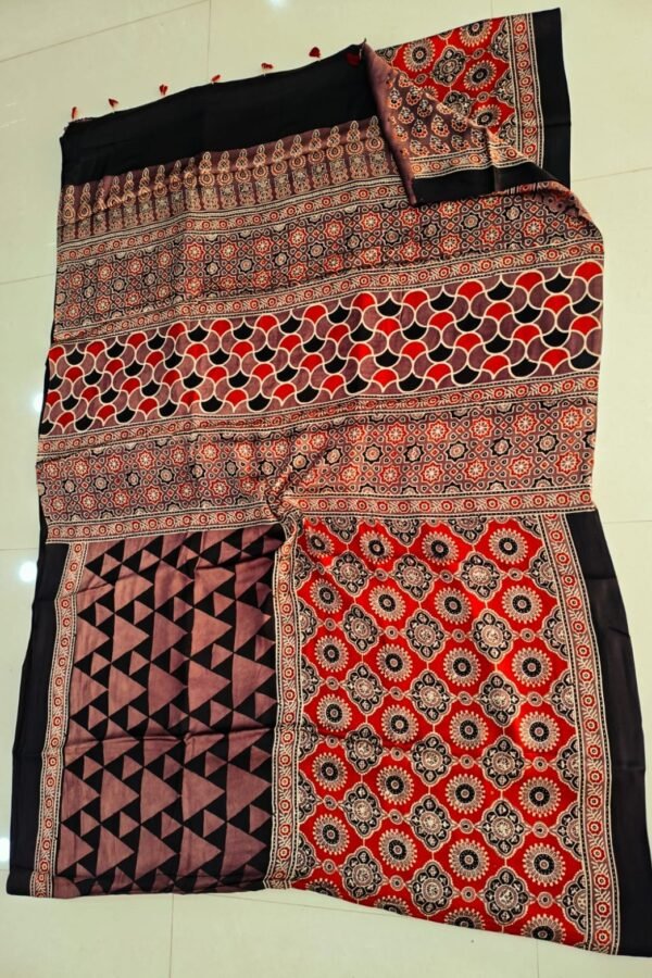 Red Ajrakh print pure Modal silk saree with diamond rosette medallions and black border