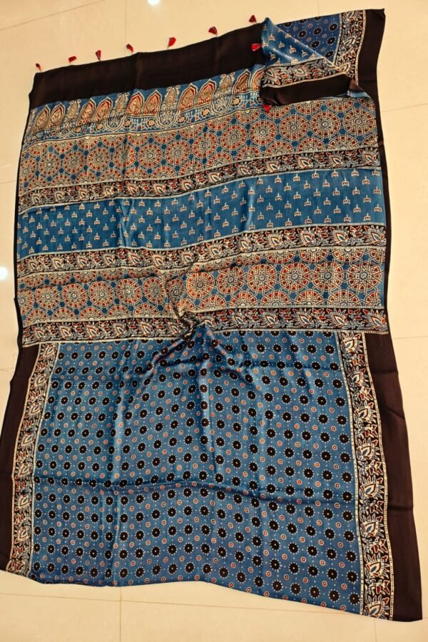Steel blue Ajrakh print pure Modal silk saree with star-flower lattice pallu and black border