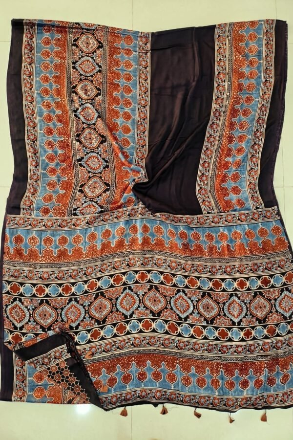 Brown Ajrakh print Modal silk saree with rust-red and blue paisley medallion border and pallu