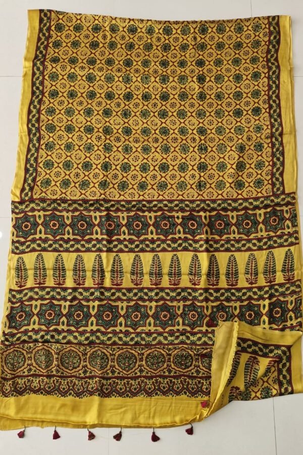 Yellow Ajrakh print pure Modal silk saree with green floral medallions and maroon tassels