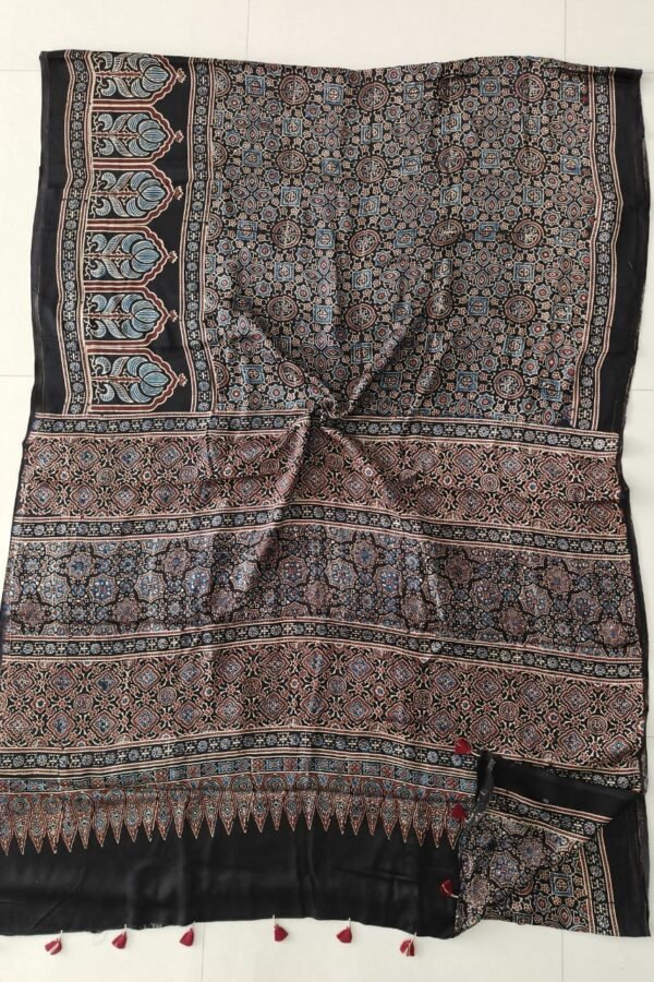 Black Ajrakh print pure Modal silk saree with medallion pattern and temple arch pallu