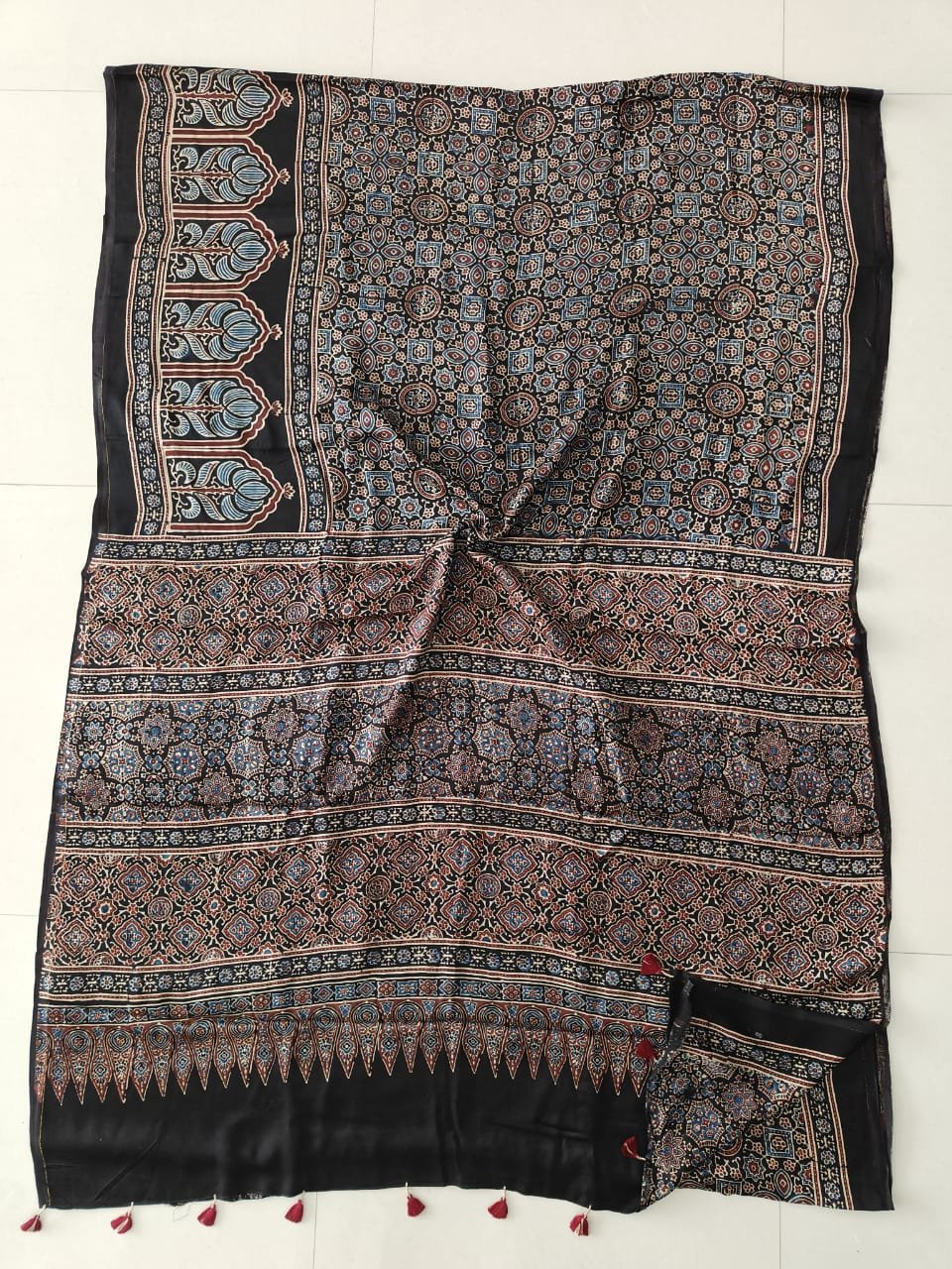 Black Ajrakh print pure Modal silk saree with medallion pattern and temple arch pallu