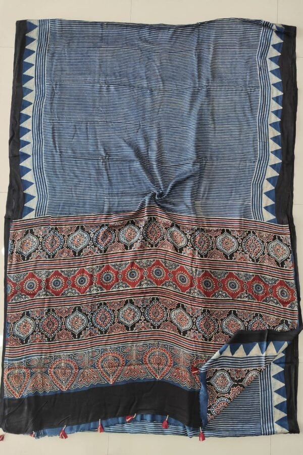 Indigo blue striped Ajrakh print Modal silk saree with medallion pallu and maroon tassels