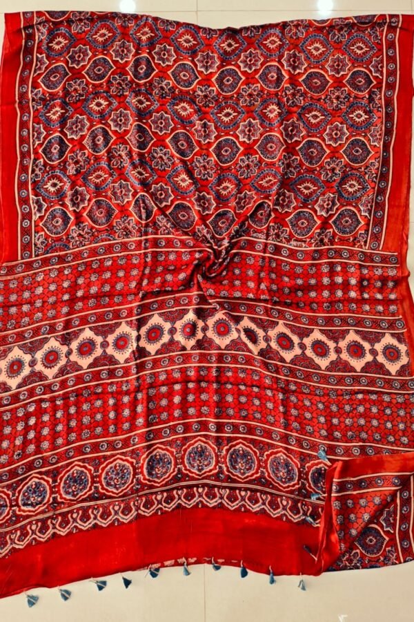 Red Ajrakh print pure modal silk saree with navy medallion lattice and blue tassels