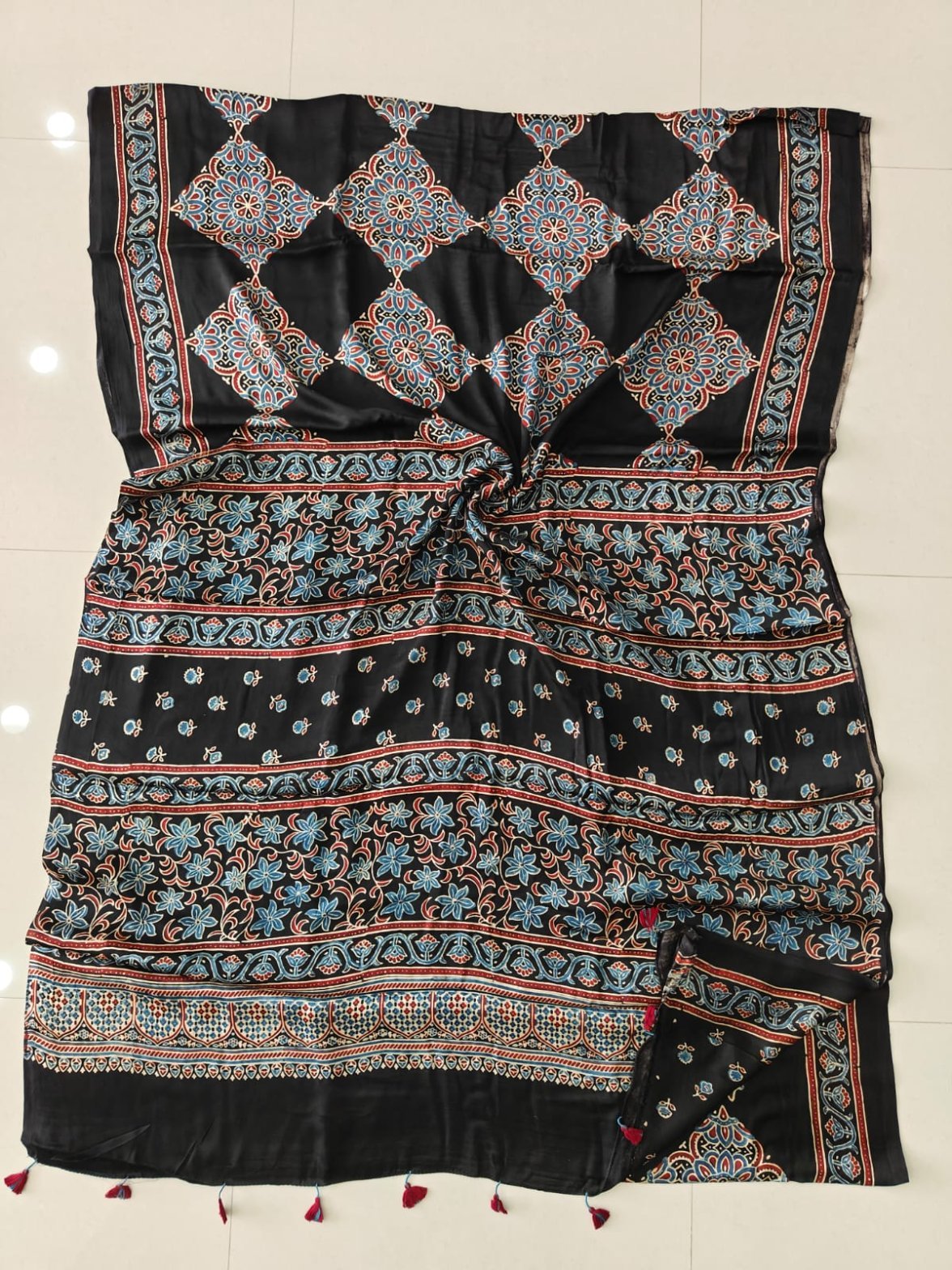 Black Ajrakh print pure modal silk saree with floral medallion lattice and floral vine pallu