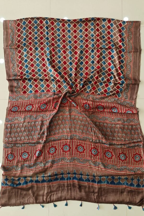 Brown Ajrakh print pure Modal silk saree with diamond lattice pattern and blue tassels