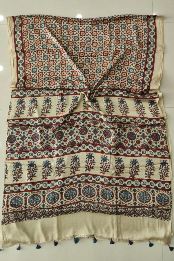 Ivory Ajrakh print Pure Modal Silk saree with blue-red star lattice and medallion pallu border